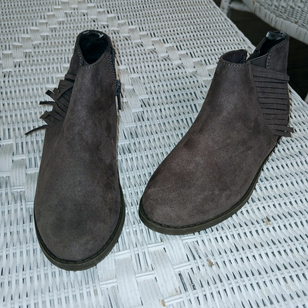 Gray Suede Ankle Boots with Fringe